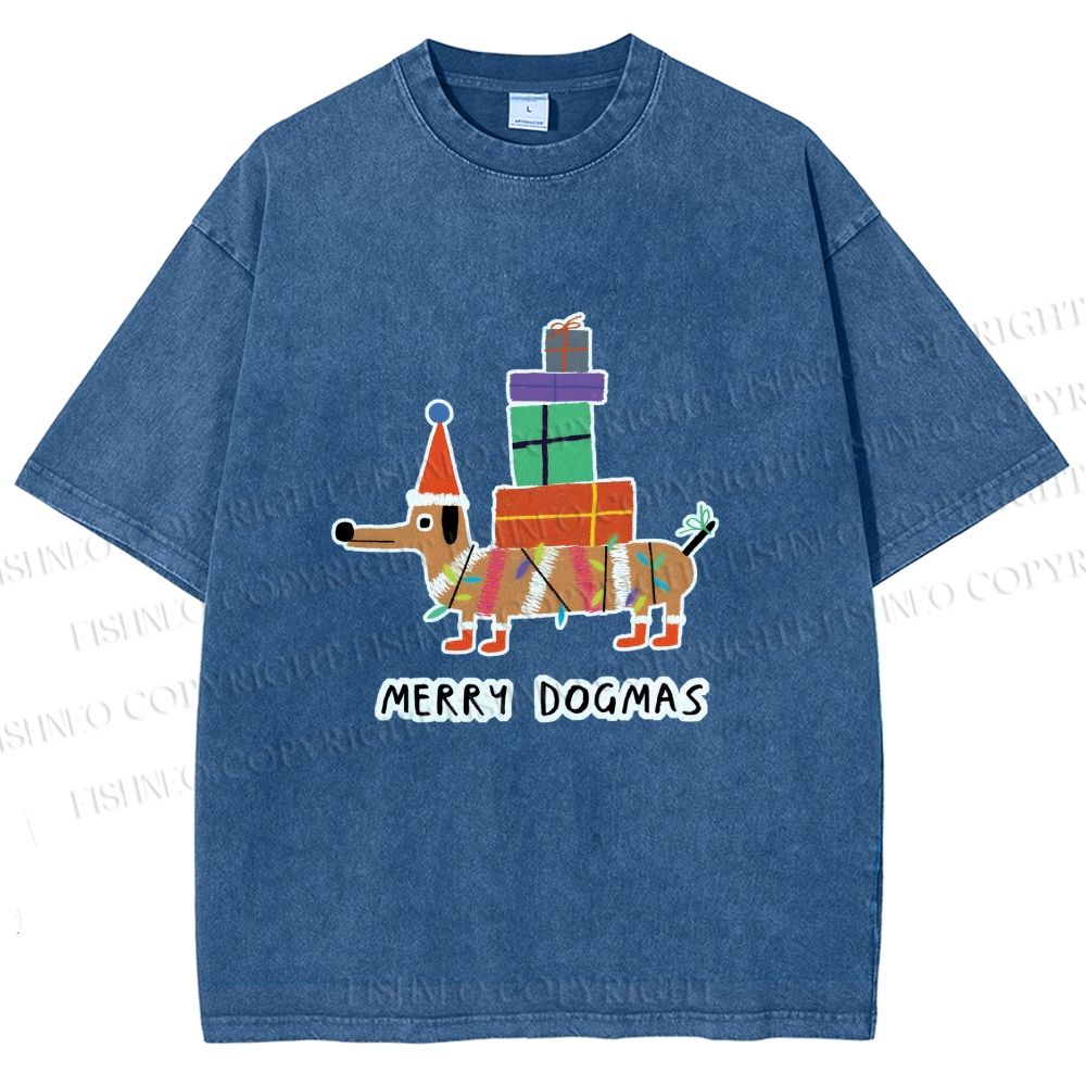 Unisex Merry Dogmas Christmas Dachshund Printed Washed Tee