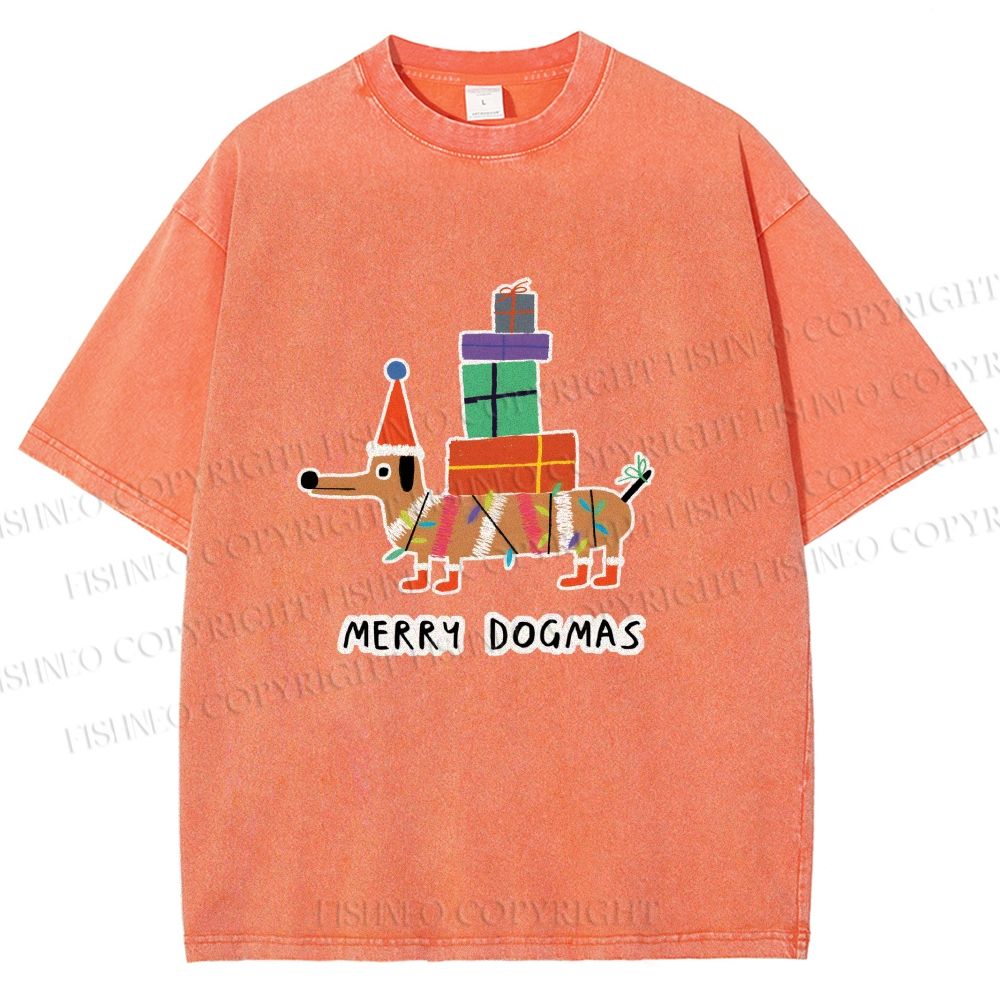 Unisex Merry Dogmas Christmas Dachshund Printed Washed Tee