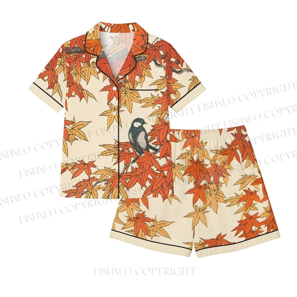 Vintage Bird in Maple Leaves Pajama sets