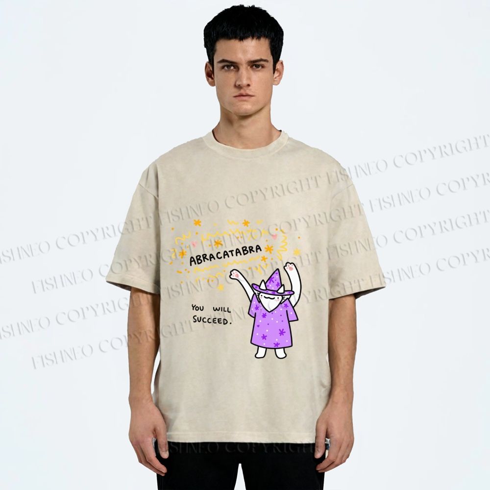 Unisex  Wizard Cat Abracatabra Printed Washed Tee