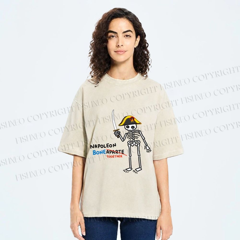 Unisex Skeleton Napoleon Pun Printed Washed Tee