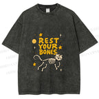 Unisex Skeleton Cat Rest Your Bones Printed Washed Tee