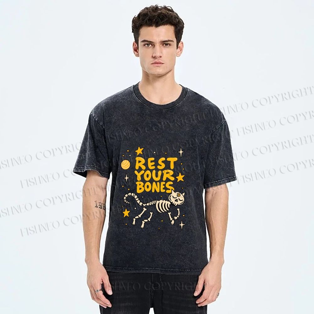Unisex Skeleton Cat Rest Your Bones Printed Washed Tee