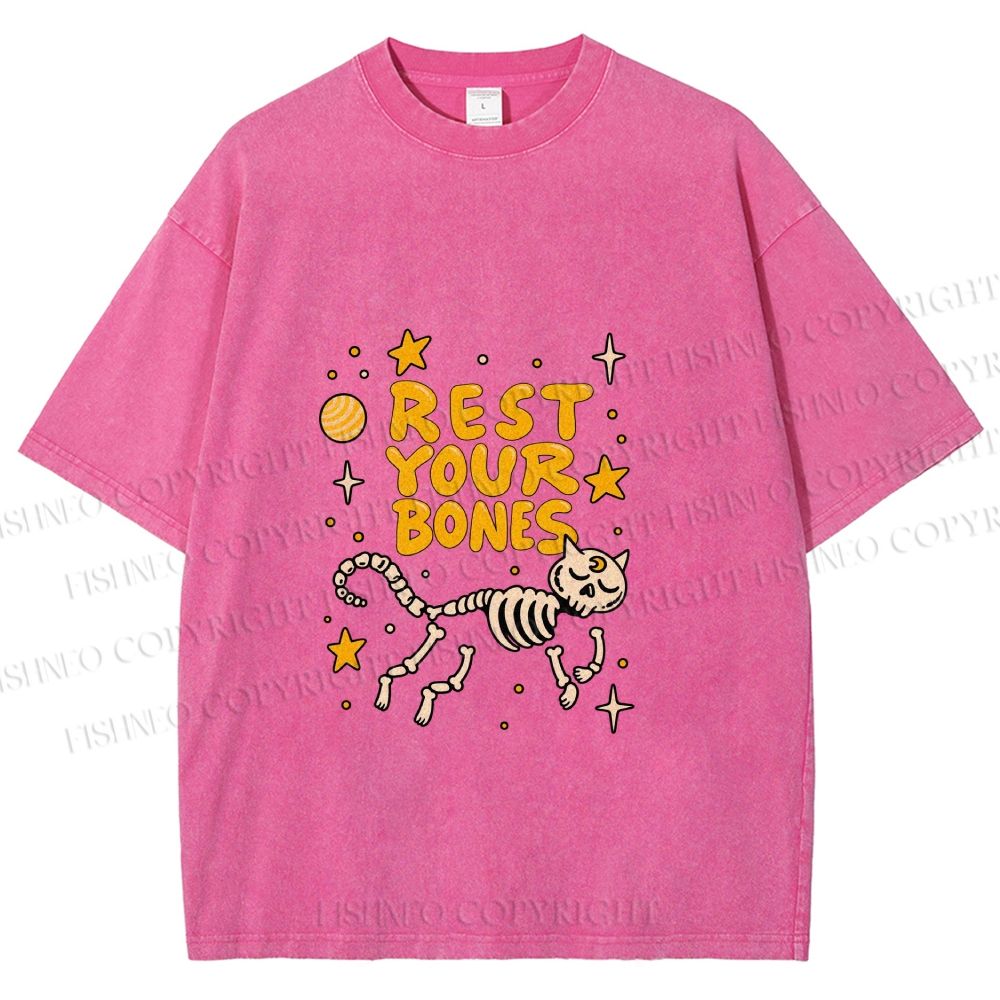 Unisex Skeleton Cat Rest Your Bones Printed Washed Tee