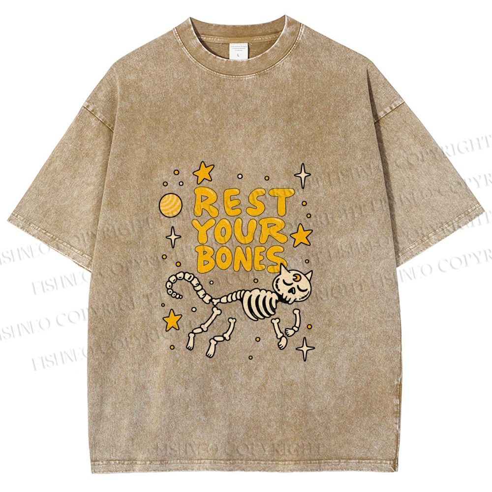 Unisex Skeleton Cat Rest Your Bones Printed Washed Tee