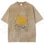 Unisex Skeleton Cat Rest Your Bones Printed Washed Tee