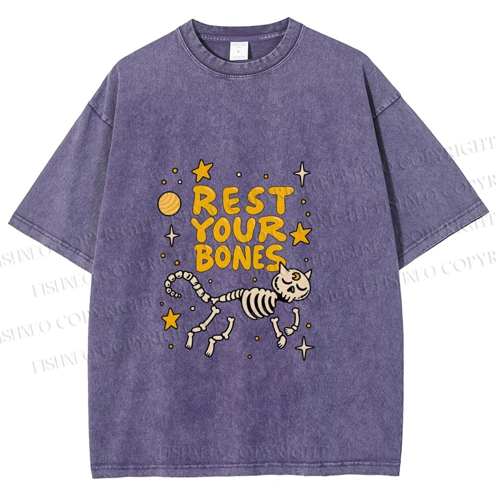 Unisex Skeleton Cat Rest Your Bones Printed Washed Tee