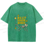 Unisex Skeleton Cat Rest Your Bones Printed Washed Tee