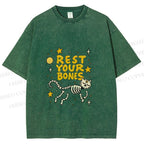 Unisex Skeleton Cat Rest Your Bones Printed Washed Tee