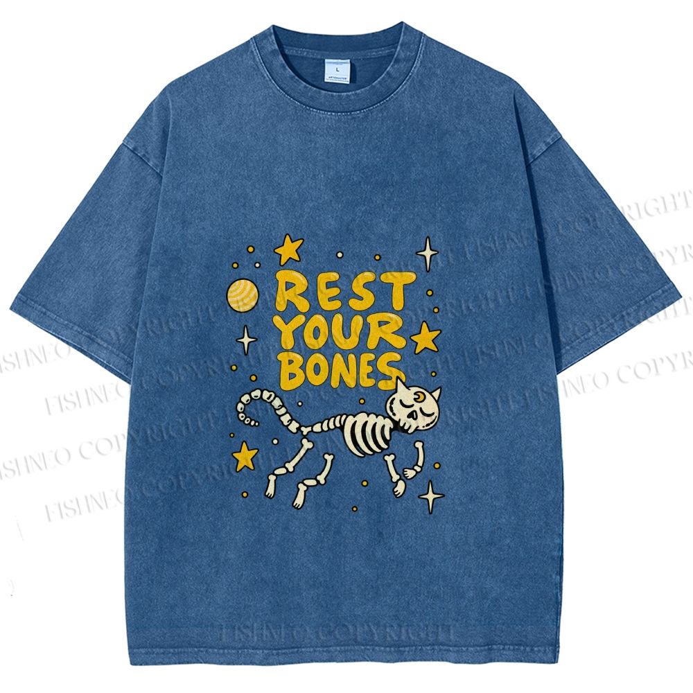 Unisex Skeleton Cat Rest Your Bones Printed Washed Tee