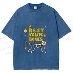 Unisex Skeleton Cat Rest Your Bones Printed Washed Tee