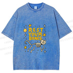Unisex Skeleton Cat Rest Your Bones Printed Washed Tee
