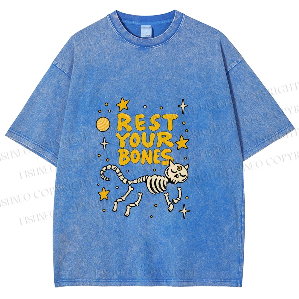 Unisex Skeleton Cat Rest Your Bones Printed Washed Tee