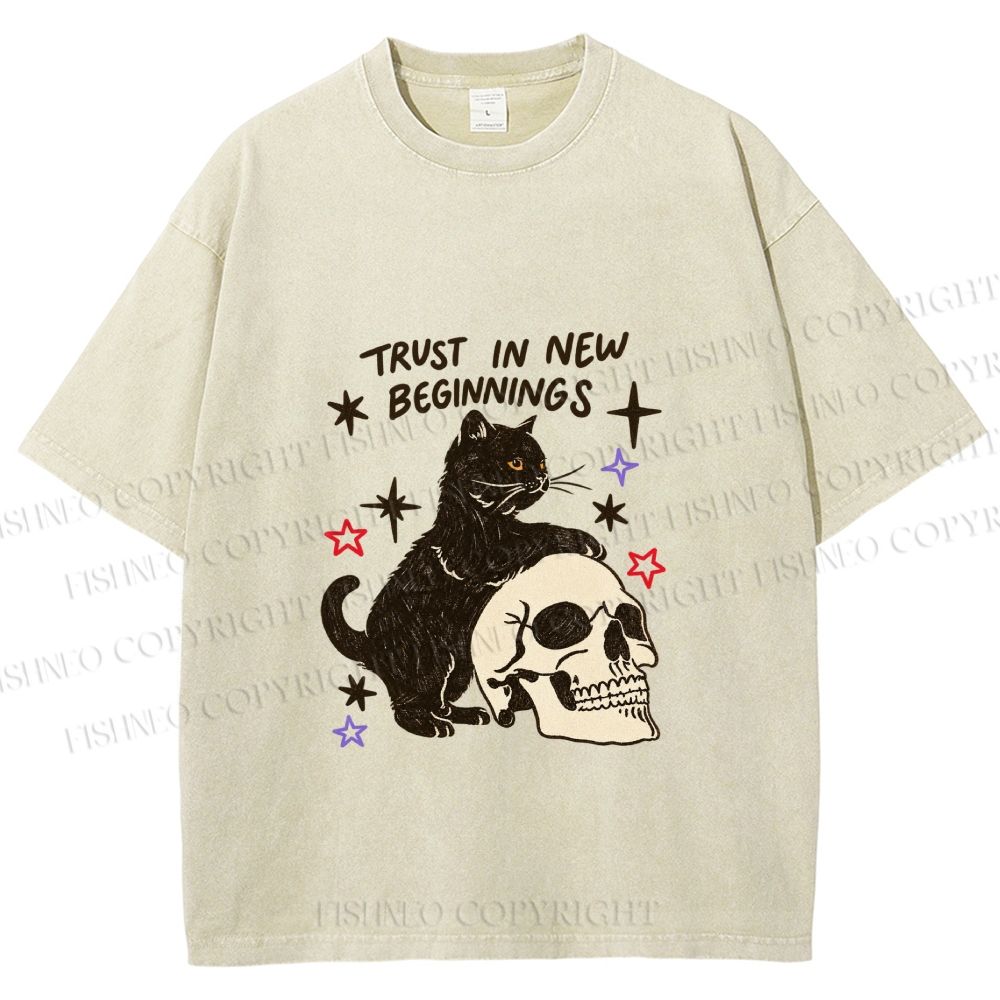Unisex Black Cat Trust In New Beginnings Printed Washed Tee