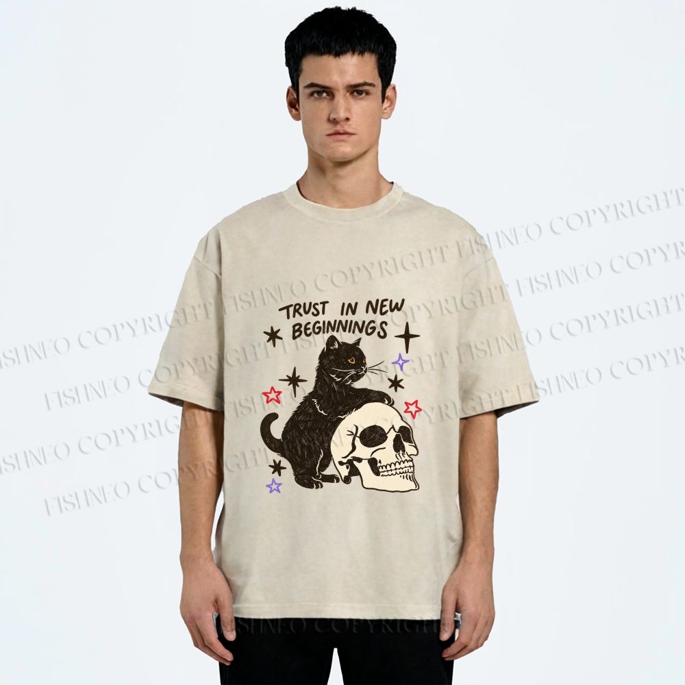 Unisex Black Cat Trust In New Beginnings Printed Washed Tee