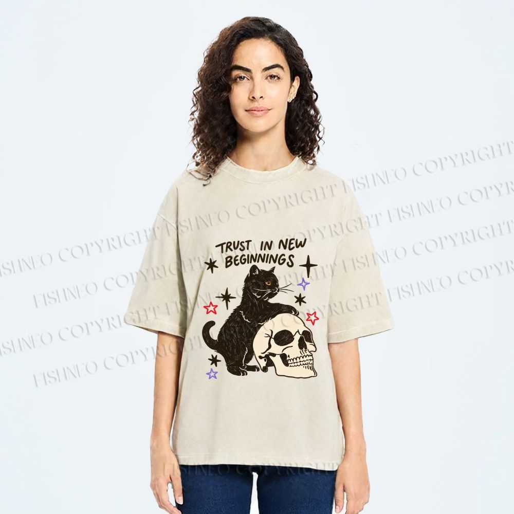 Unisex Black Cat Trust In New Beginnings Printed Washed Tee