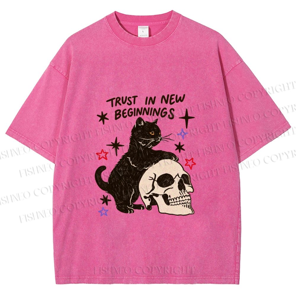 Unisex Black Cat Trust In New Beginnings Printed Washed Tee