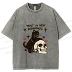 Unisex Black Cat Trust In New Beginnings Printed Washed Tee