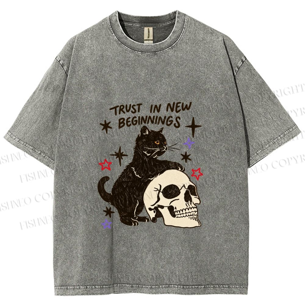Unisex Black Cat Trust In New Beginnings Printed Washed Tee
