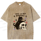 Unisex Black Cat Trust In New Beginnings Printed Washed Tee