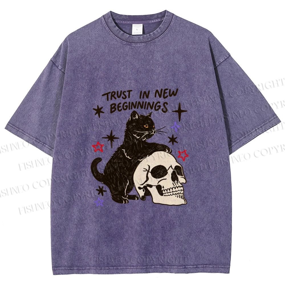 Unisex Black Cat Trust In New Beginnings Printed Washed Tee