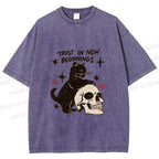 Unisex Black Cat Trust In New Beginnings Printed Washed Tee