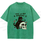 Unisex Black Cat Trust In New Beginnings Printed Washed Tee