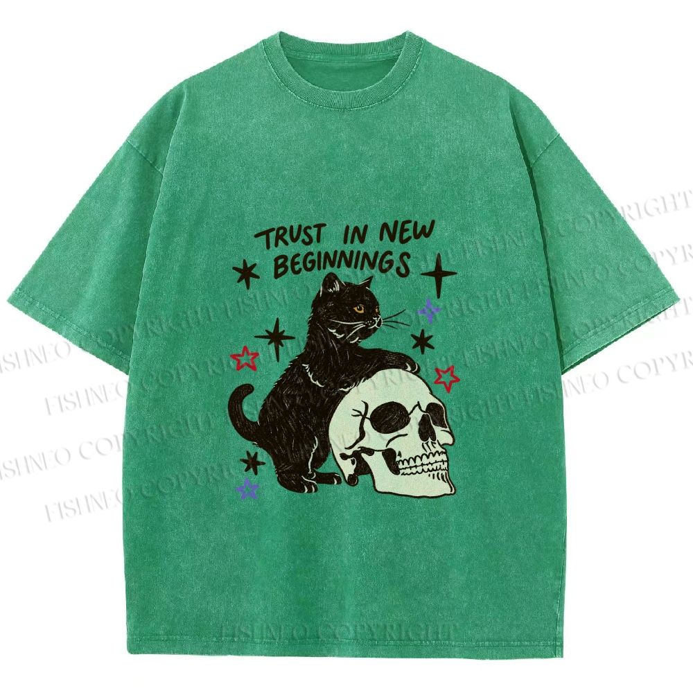 Unisex Black Cat Trust In New Beginnings Printed Washed Tee