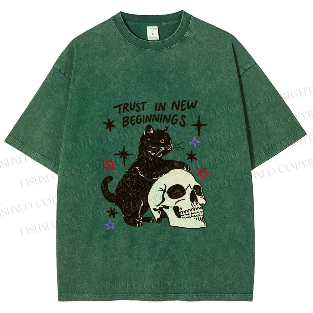Unisex Black Cat Trust In New Beginnings Printed Washed Tee