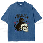 Unisex Black Cat Trust In New Beginnings Printed Washed Tee