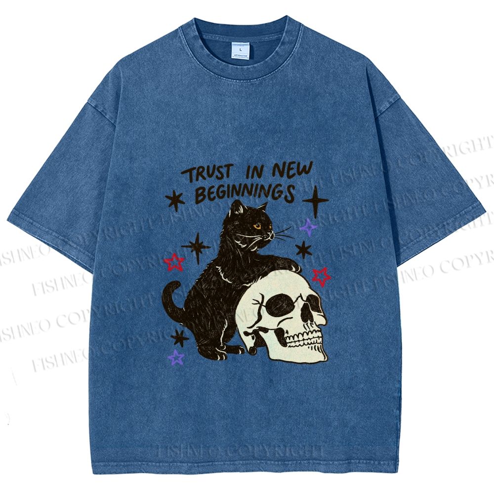 Unisex Black Cat Trust In New Beginnings Printed Washed Tee