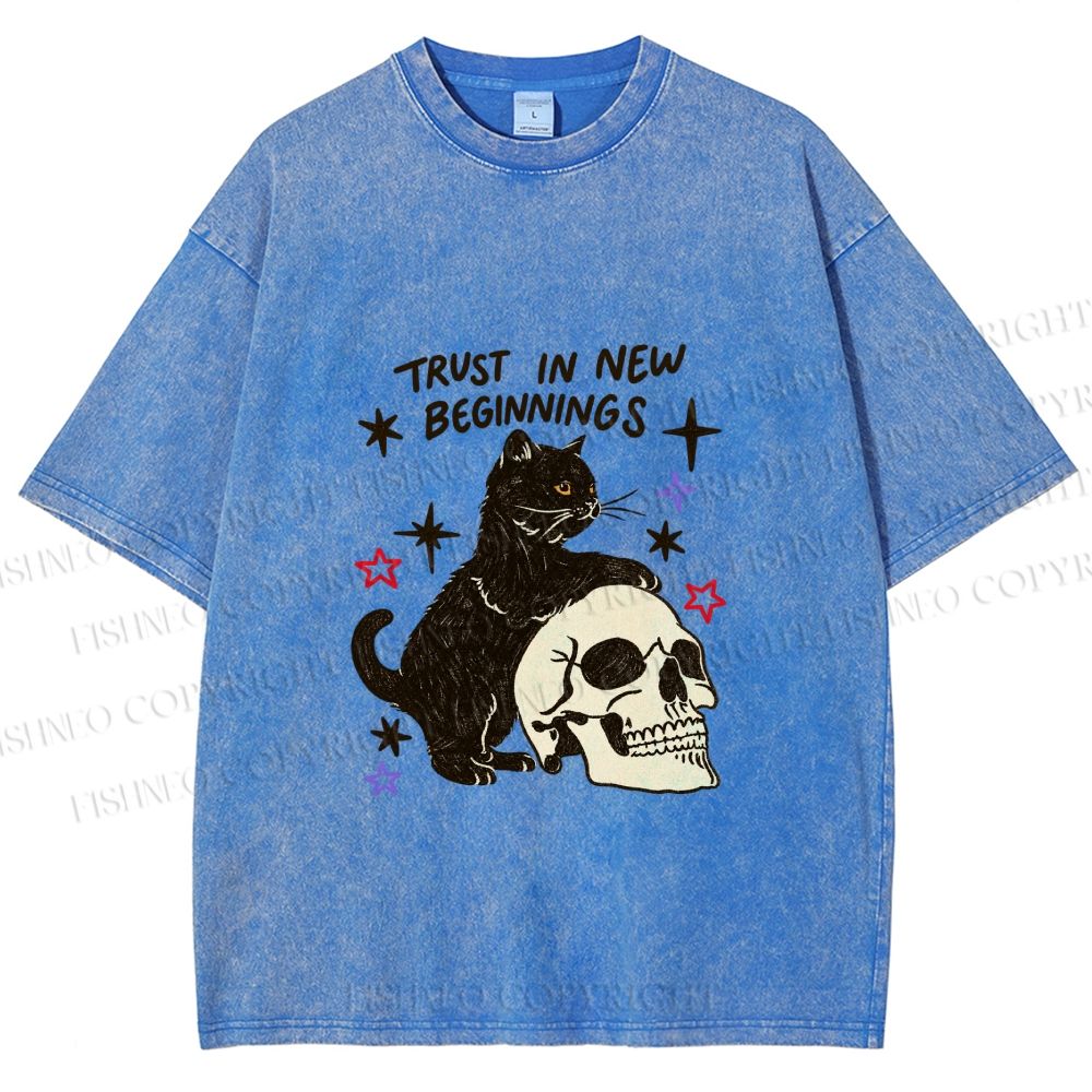 Unisex Black Cat Trust In New Beginnings Printed Washed Tee