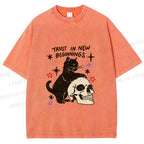 Unisex Black Cat Trust In New Beginnings Printed Washed Tee