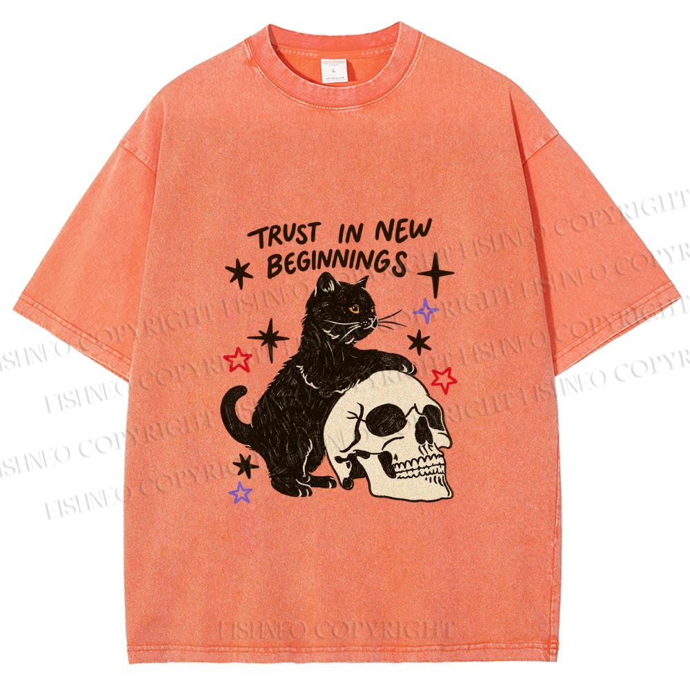 Unisex Black Cat Trust In New Beginnings Printed Washed Tee