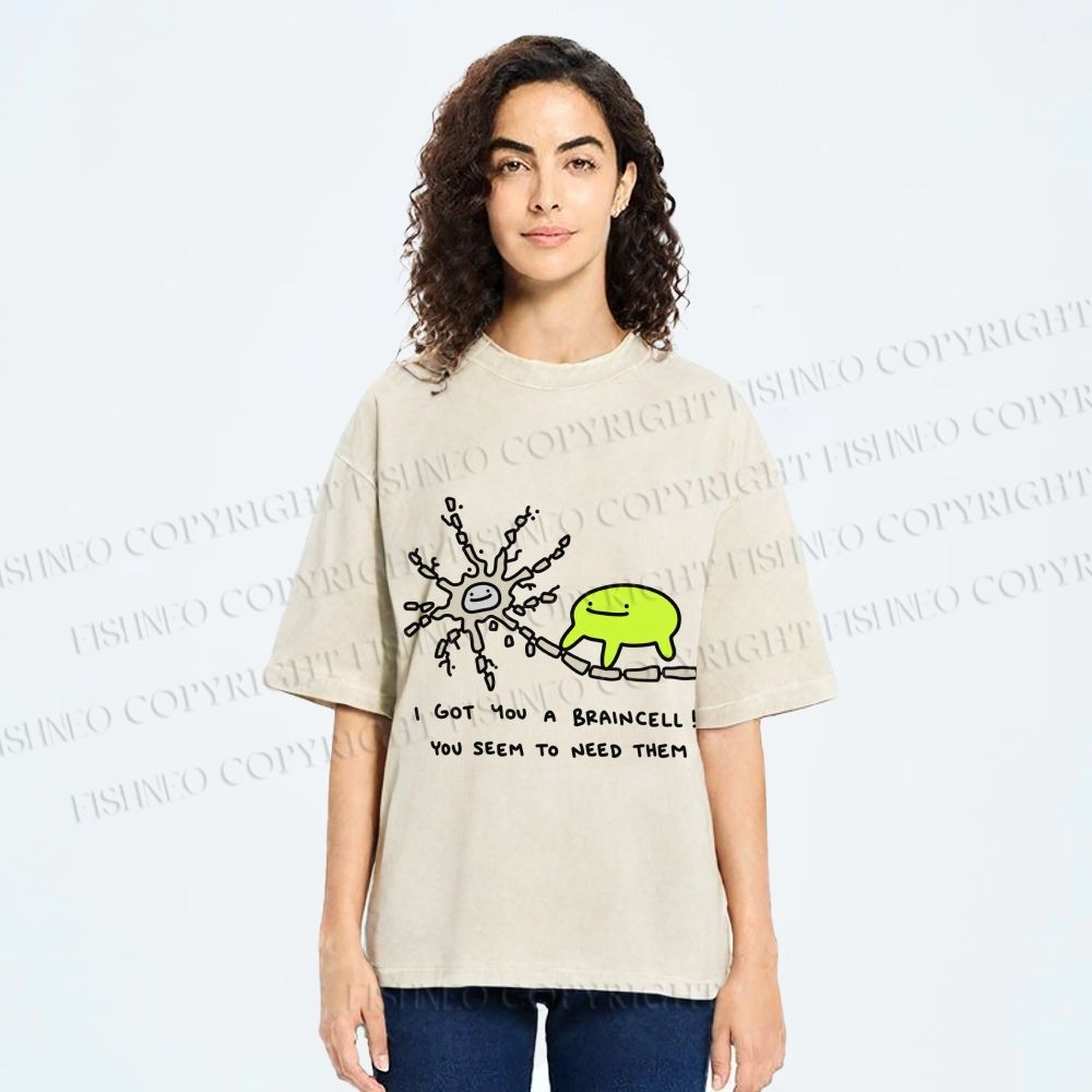 Unisex Braincell Meme Green Creature Printed Washed Tee