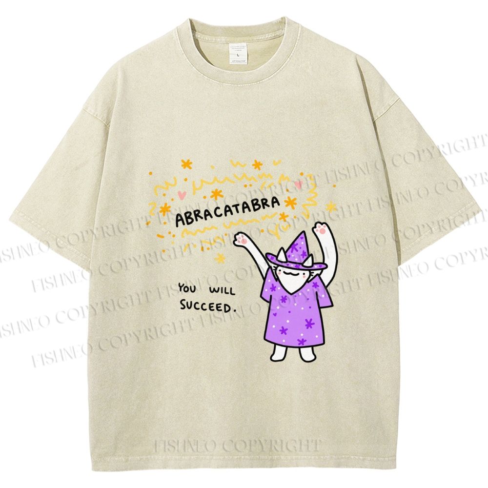 Unisex  Wizard Cat Abracatabra Printed Washed Tee