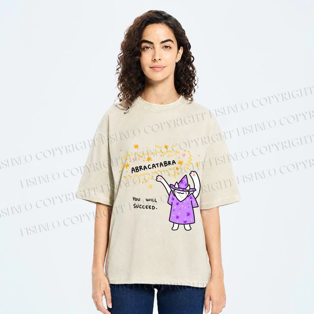 Unisex  Wizard Cat Abracatabra Printed Washed Tee