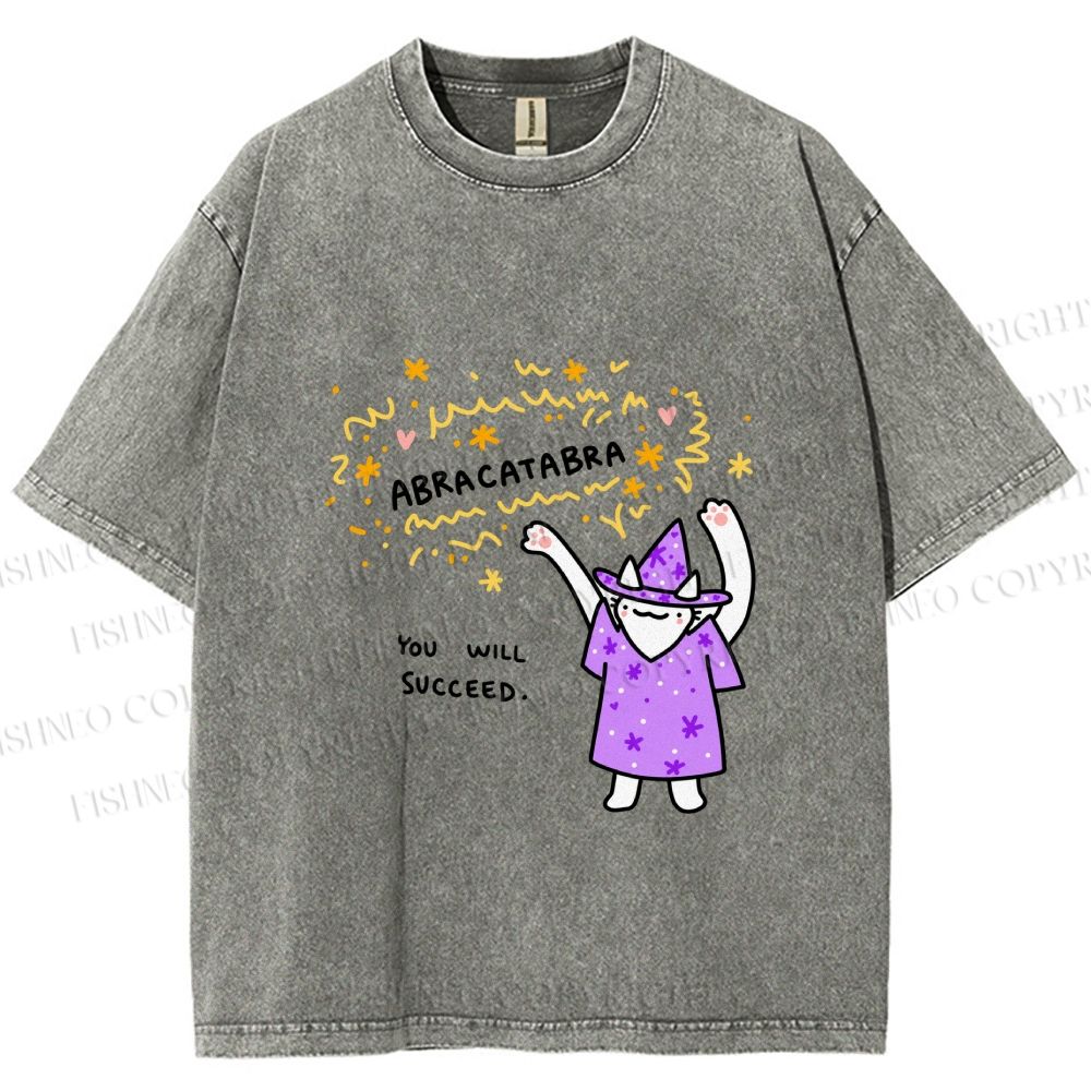 Unisex  Wizard Cat Abracatabra Printed Washed Tee