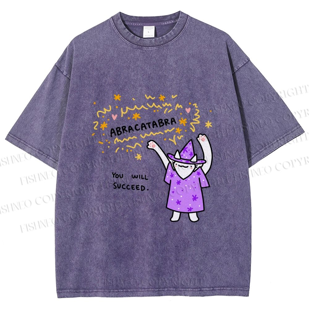 Unisex  Wizard Cat Abracatabra Printed Washed Tee