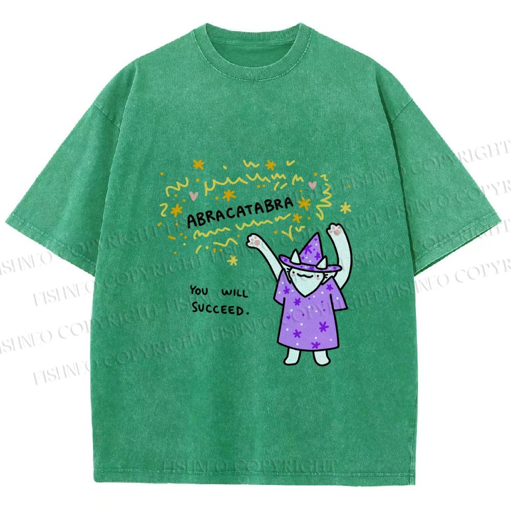 Unisex  Wizard Cat Abracatabra Printed Washed Tee