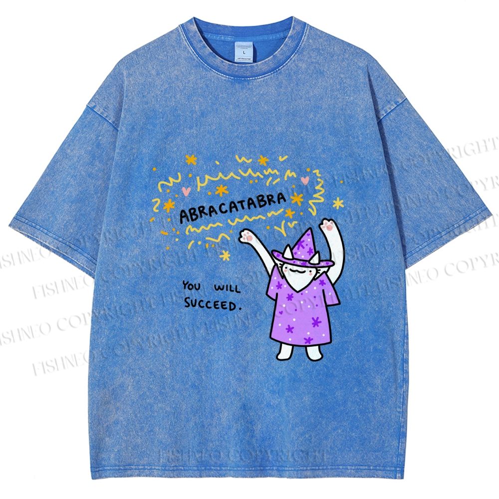 Unisex  Wizard Cat Abracatabra Printed Washed Tee