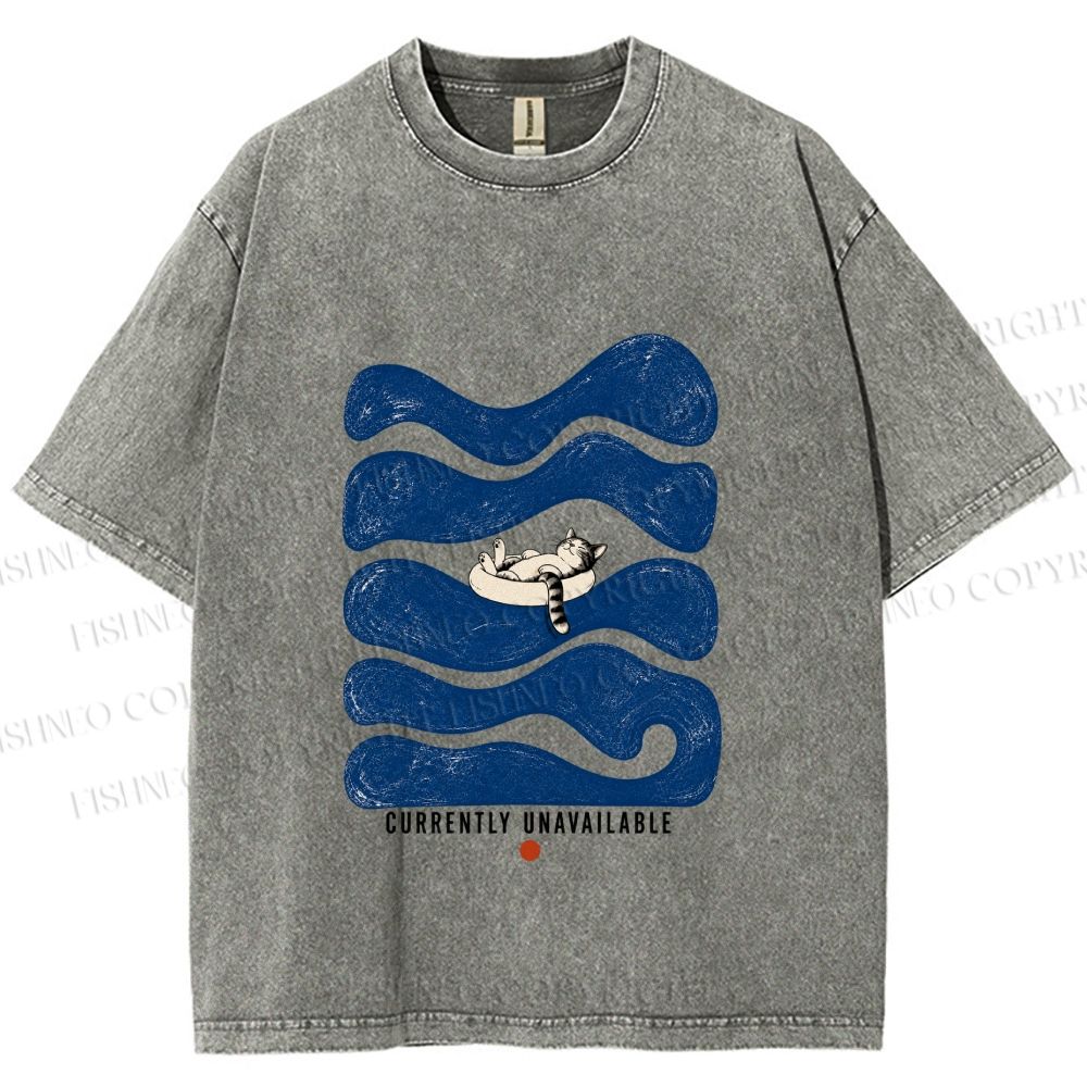 Unisex Lazy Wave Cat Currently Unavailable Printed Washed Tee