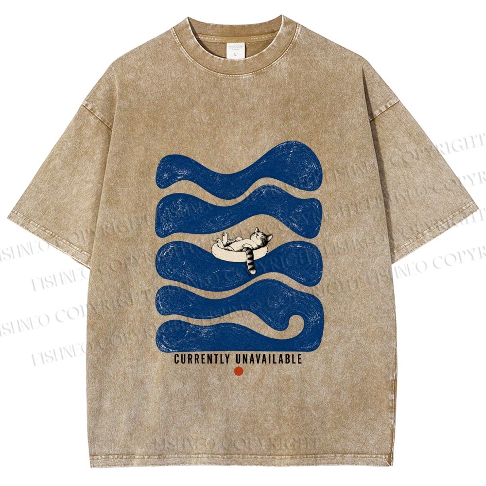 Unisex Lazy Wave Cat Currently Unavailable Printed Washed Tee