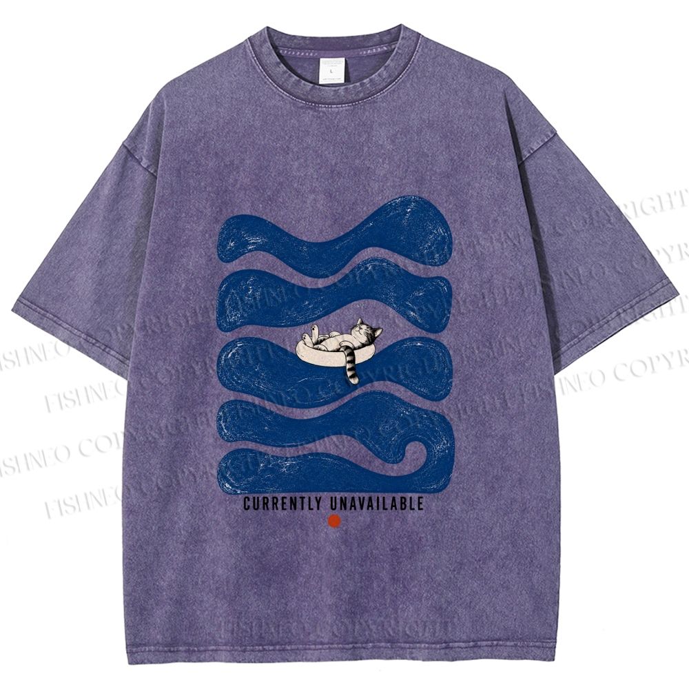 Unisex Lazy Wave Cat Currently Unavailable Printed Washed Tee
