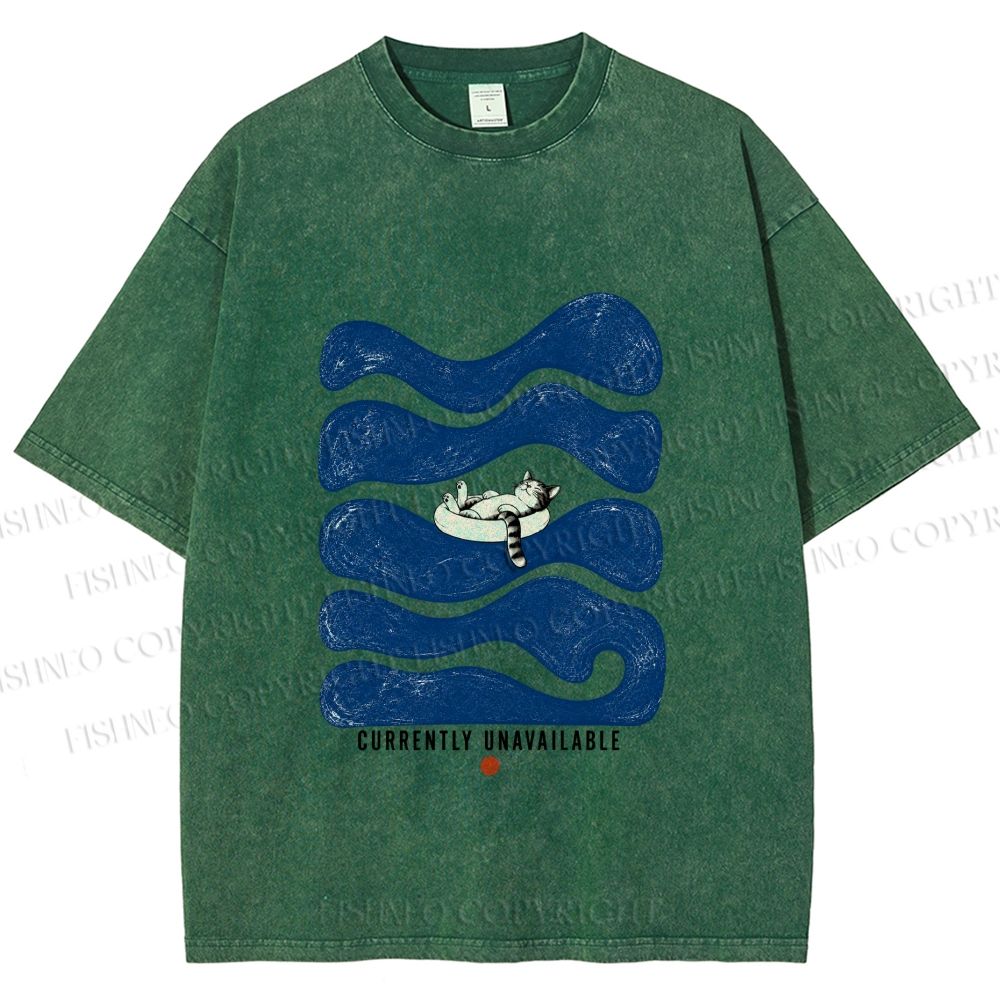 Unisex Lazy Wave Cat Currently Unavailable Printed Washed Tee