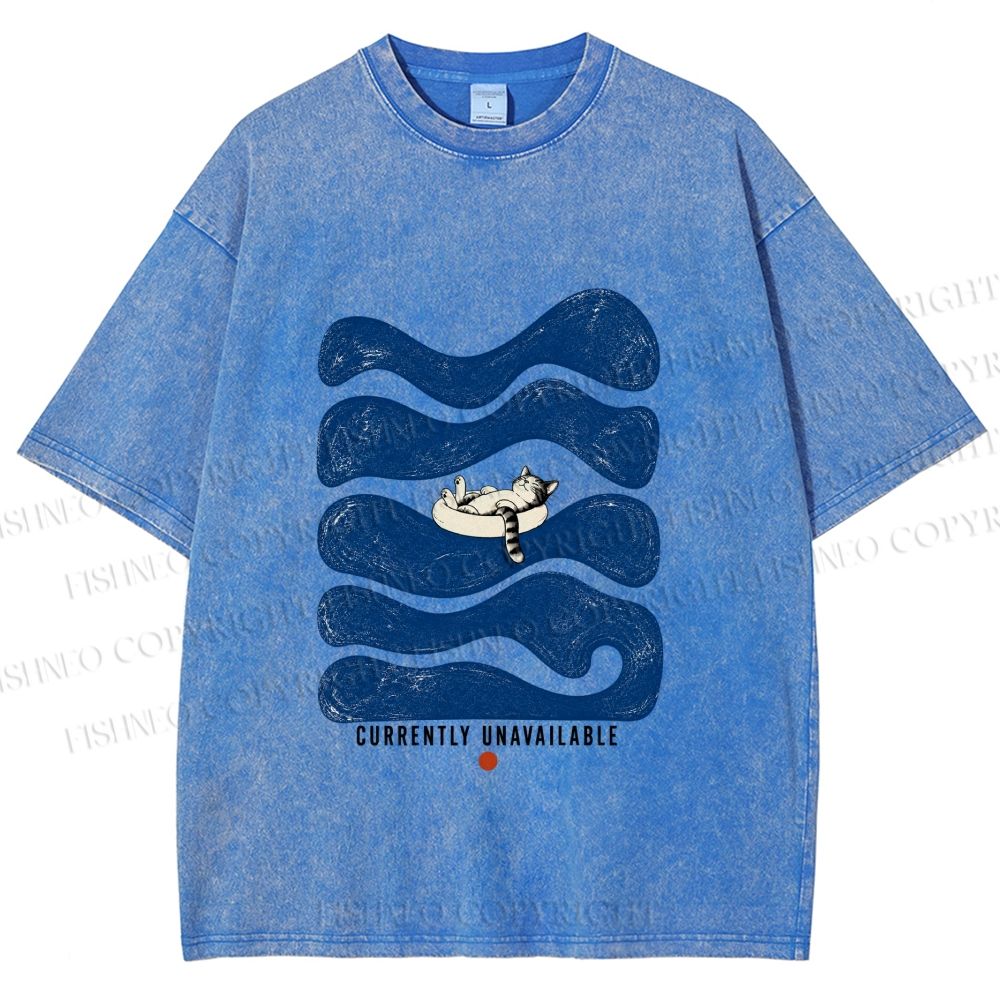 Unisex Lazy Wave Cat Currently Unavailable Printed Washed Tee
