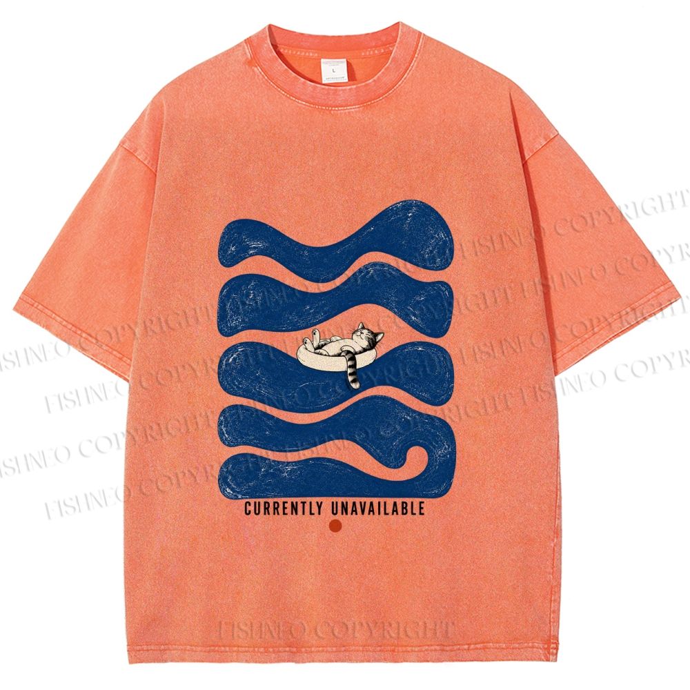 Unisex Lazy Wave Cat Currently Unavailable Printed Washed Tee