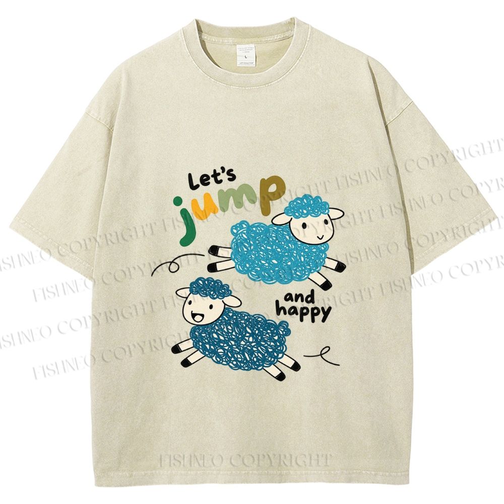 Unisex Sheep Lets Jump And Happy Printed Washed Tee