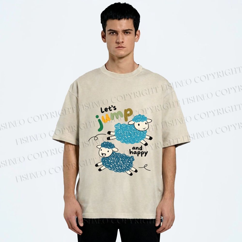 Unisex Sheep Lets Jump And Happy Printed Washed Tee