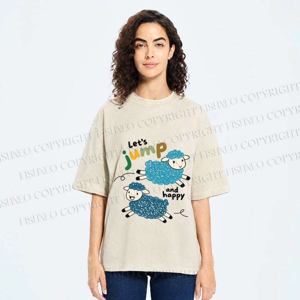 Unisex Sheep Lets Jump And Happy Printed Washed Tee